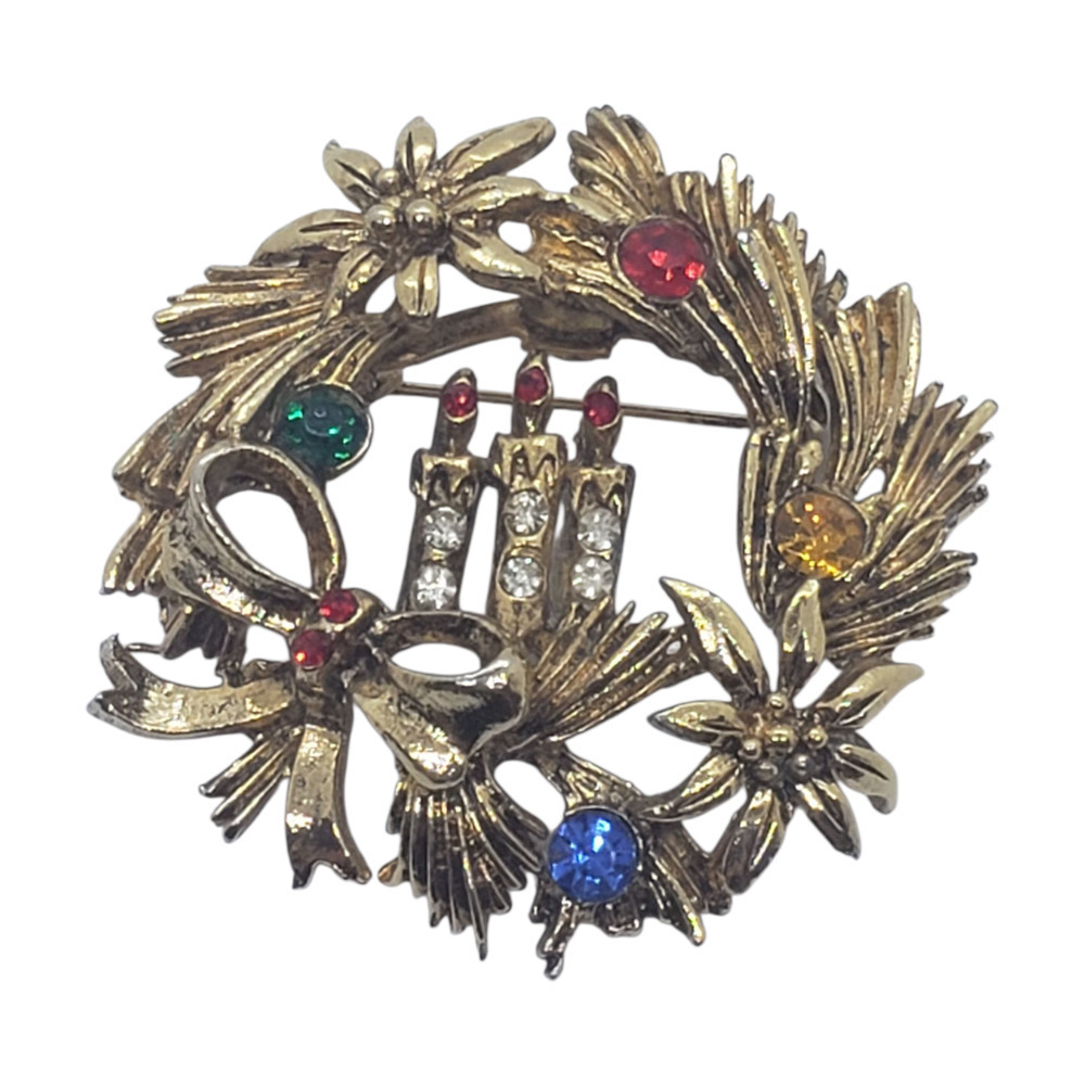 Vintage Brooch Christmas Wreath Candles Ornaments Gold Tone Rhinestones Beatrix